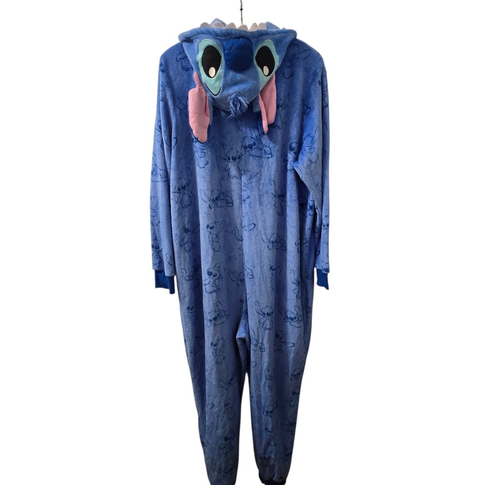 Disney Lilo & Stitch Women's XL Fleece One Piece Pajamas Blue Hooded Zip-Up NWOT - Picture 3 of 9